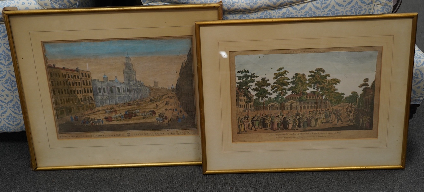 19th century, two colour engravings, London scenes to include Ranelagh Gardens, 27 x 41cm. Condition - poor